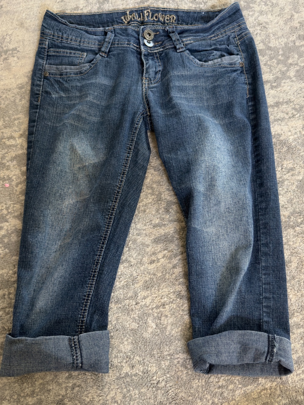 Wallflower Dark Mid-Blue Rolled Hem Capri Shorts